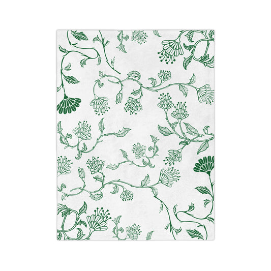 Botanical Print Velveteen Microfiber Blanket – Cozy Home Decor, Gifts for Friends, Floral Throw Blanket, Green and White