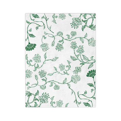 Botanical Print Velveteen Microfiber Blanket – Cozy Home Decor, Gifts for Friends, Floral Throw Blanket, Green and White